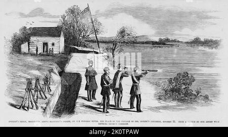 Conrad's Ferry, Maryland, über Harrisons Insel, am Potomac River, dem Ort der Passage des Colonel Baker's Regiment, 21.. Oktober 1861. Illustration des amerikanischen Bürgerkriegs des 19.. Jahrhunderts aus Frank Leslie's Illustrated Newspaper Stockfoto