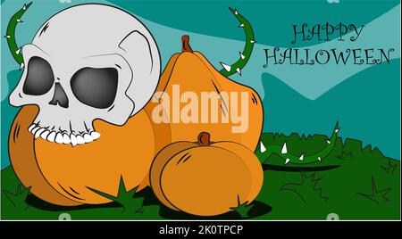 Karte mit Kürbissen und Totenkopf für halloween Stock Vektor