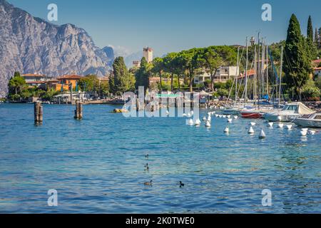 Idyllische Küste am Gardasee in Malcesine mit Segelbooten, Norditalien Stockfoto