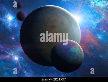 Planeten und Exoplaneten von unerforschten Galaxien, schwarzes Loch. Sci-Fi. Neue Welten zu entdecken. Besiedlung und Erforschung von Nebel und Galaxien Stockfoto