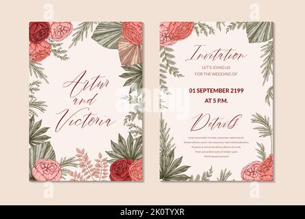 Zweiseitige vertikale Boho-Hochzeitskarte. Speichern Sie das Datum. Handgezeichnete Vektorgrafik Stock Vektor