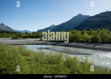 Die renaturierte Auenlandschaft des Inn bei Samedan und Bever im Engadin, Schweiz Stockfoto