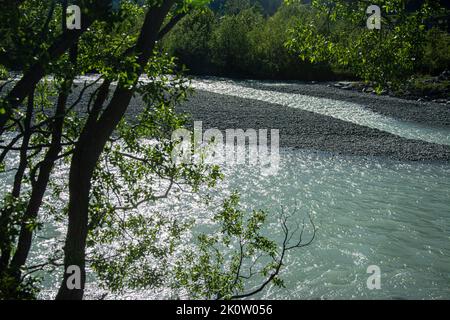 Die renaturierte Auenlandschaft des Inn bei Samedan und Bever im Engadin, Schweiz Stockfoto