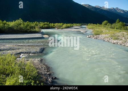 Die renaturierte Auenlandschaft des Inn bei Samedan und Bever im Engadin, Schweiz Stockfoto