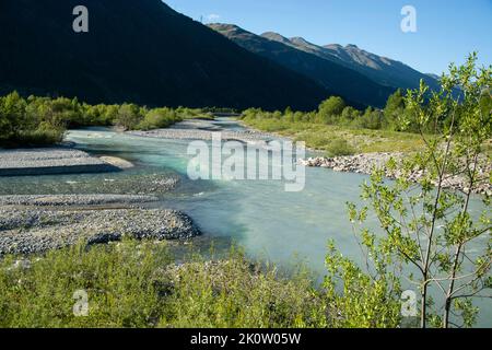 Die renaturierte Auenlandschaft des Inn bei Samedan und Bever im Engadin, Schweiz Stockfoto