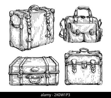 Koffer- und Taschenset im Retro-Stil. Gepäckskizze, handgezeichnet im Vintage-Stil. Vektordarstellung „Reise“, „Reise“ Stock Vektor