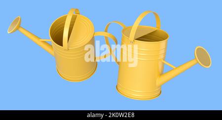 Set Gießkanne auf blauem Hintergrund. 3D Render von Gartengeräten Werkzeuge Stockfoto