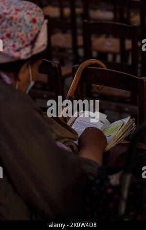 Dame, die die Bibel studiert, mit Licht, das von hinten scheint Stockfoto