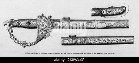 Schwert, das General Robert Anderson von der Stadt Philadelphia, Pennsylvania, zu Ehren seines Vormunts und seiner Dienste überreicht wurde. 1861. 19. Jahrhundert American Civil war Illustration aus Frank Leslie's Illustrated Newspaper Stockfoto