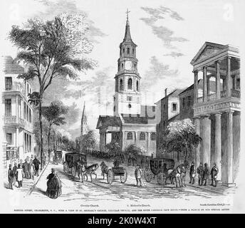 Meeting Street, Charleston, South Carolina, mit Blick auf St. Michael's Church, Circular Church und das South Carolina Club House. November 1861. Illustration des amerikanischen Bürgerkriegs des 19.. Jahrhunderts aus Frank Leslie's Illustrated Newspaper Stockfoto