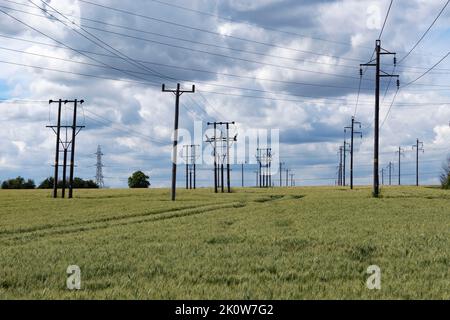 Pylons in einem grünen Feld, Landschaft mit dramatischer Skyline, Stanford-le-Hope, Essex, England, Großbritannien. Stockfoto