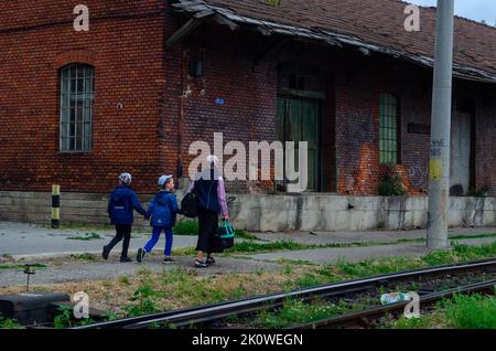 Zug in Bewegung oder am Bahnsteig in Suceava, Bahnhof Burdujeni, Rumänien, 2022 Stockfoto