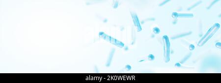 Probiotika. Wiederherstellung der Darmflora. Blaue Farbe. Lactobacillus. 3d-Darstellung. Stockfoto