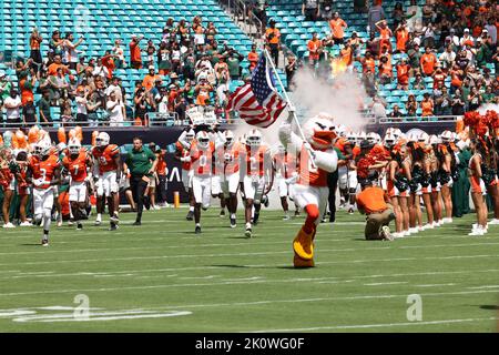 Miami Hurricanes Maskottchen Sebastian das Ibis führt das Team am 10. September 2022 in Miami Gardens, FL, auf das Feld im Hard Rock Stadium. Miami Hurricanes besiegten Southern Miss Golden Eagles 30-7 (Credit: Paul Fong/Image of Sport) Stockfoto