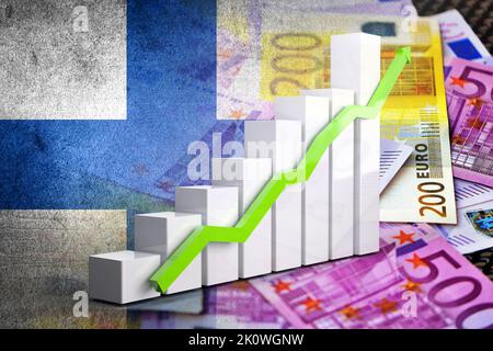 Wirtschaftsdiagramm: Steigender Pfeil, Bargeld-Euro-Banknoten und Finnland-Flagge (Geld, Wirtschaft, Unternehmen, Finanzen, Krise) Stockfoto