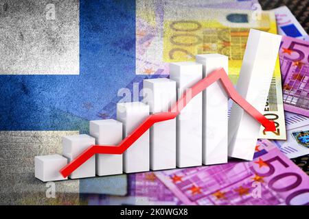 Wirtschaftsdiagramm: Abwärtspfeil, Euro-Cash-Banknoten und Finnland-Flagge (Geld, Wirtschaft, Unternehmen, Finanzen, Krise) Stockfoto