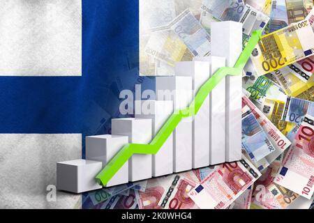 Wirtschaftsdiagramm: Steigender Pfeil, Bargeld-Euro-Banknoten und Finnland-Flagge (Geld, Wirtschaft, Unternehmen, Finanzen, Krise) Stockfoto