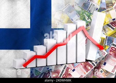 Wirtschaftsdiagramm: Abwärtspfeil, Euro-Cash-Banknoten und Finnland-Flagge (Geld, Wirtschaft, Unternehmen, Finanzen, Krise) Stockfoto