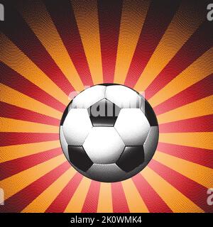 Abbildung eines Fußballer mit Gravur auf einem rot gestreiften Hintergrund Stock Vektor