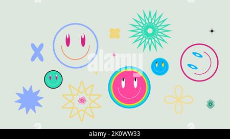 Sammlung von Cool Cute Sticker. Trendige Patchkollektion mit lächelnden Gesichtern. Stock Vektor