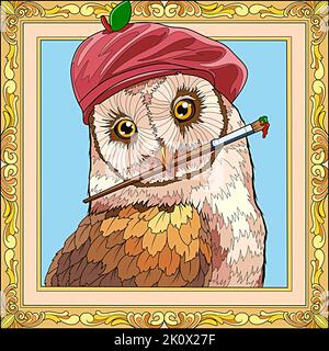 Porträt einer Eule, die einen Pinsel beißt und einen Malerhut in einem Rahmen trägt Stockfoto