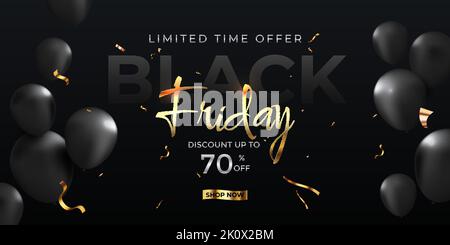 Black Friday Werbebanner-Design mit 3D stilisierten goldenen Buchstaben und glänzenden Luftballons Stock Vektor