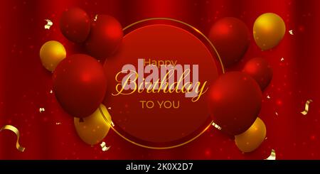 Happy Birthday Hintergrund mit roten und goldenen 3D realistisch schwebenden Ballons Stock Vektor