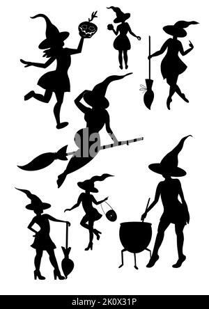 Hexen Silhouetten Kollektion für halloween isoliert auf weißem Hintergrund Stockfoto