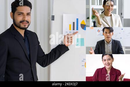 Videokonferenz-Online-Meeting für Teilnehmer mit Kopfaufnahme. Junge gewellte Haare, Schnurrbart und Bart Geschäftsmann in schwarzem Anzug zeigt Finger auf Tortendiagramm o Stockfoto