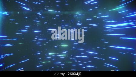 Abbildung mehrerer blau leuchtender Lichtspuren, die sich in hypnotischer Bewegung in nahtloser Schleife drehen. Farb- und Bewegungskonzept digital generiertes Bild. Stockfoto
