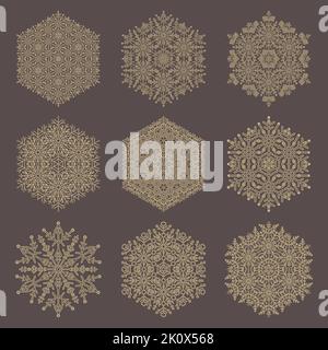Set von Vektor-Schneeflocken. Sammlung von Winterornamenten. Schneeflocken braun und golden Sammlung. Schneeflocken für Hintergründe und Designs Stock Vektor