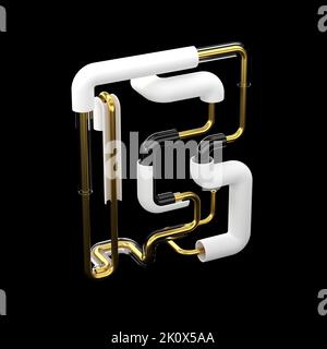 Metallic Alphabet des Buchstabens B. 3D stilisierte Text-Stil-Schriftart. Die Metallrohrform besteht aus Stahl und Glas. Abstraktes Kunststoffrohr isoliert auf schwarzem Rücken Stockfoto