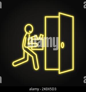 Glücklicher Mitarbeiter, der das Büro verlässt, Neon-Symbol. Mann, der Box mit Dingen hält, beendet den Job. Vektorgrafik. Stock Vektor