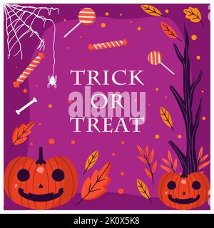 Von Hand gezogener Trick or Treat halloween mit Kürbis, Süßigkeiten, Baum und Spinnennetz Stock Vektor