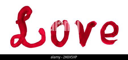Das Wort Liebe mit einem Pinsel in rotem Aquarell gemalt. Stockfoto