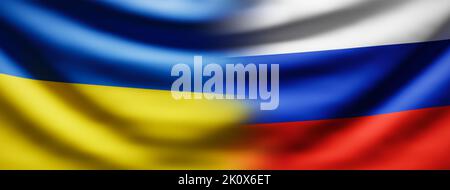 Ukraine-Russland-Konflikt. Ukrainische und russische Flagge zeigt Spannungen, Krisen, übergriffene Grenzen und Krieg zwischen Kyew und Moskau. Stockfoto