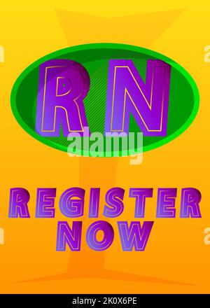 Symbol „Jetzt registrieren“. Superhelden-Wappen. Farbenfrohe Vektorgrafik im Comic-Stil. Stock Vektor
