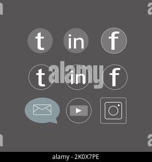Symbole für soziale Medien. Weiße farbige Icon Set Illustration. facebook twitter, youtube, twitter, whatsap Symbol, Mail, isoliert auf transparentem Hintergrund. Stockfoto