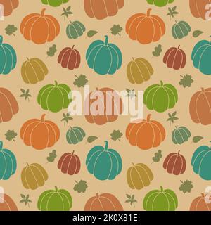 Vektormuster Herbst. Nahtlose Ernte Hintergrund mit bunten Silhouetten von Kürbissen und Herbstblättern. Handgezeichnetes Thanksgiving und Herbstsaison sy Stock Vektor
