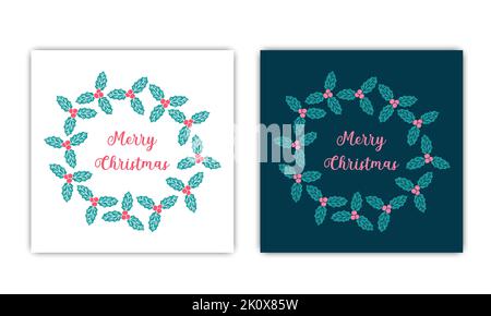 Frohe Weihnachten Grußkarten Set. Text im runden Rahmen. Dekorativer Kranz mit Stechpalmblättern und Beeren. Niedliche weihnachtliche Grenze isoliert auf weiß Stock Vektor