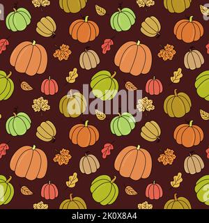 Herbstmuster. Vector kritzelt nahtlosen Hintergrund mit bunten Kürbissen und Herbstblättern. Handgezeichnet umreißen Thanksgiving-Symbole. Stock Vektor