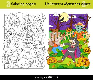 Niedlicher Vampir, Monster und Werwolf tanzen nachts im Wald. Halloween-Konzept. Kinder Malbuch Seite und Farbvorlage. Vektor Cartoon illus Stock Vektor