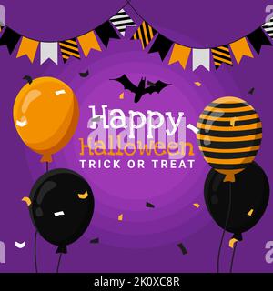 Text Happy Halloween und Trick or Treat auf dem Hintergrund von Konfetti-Ballons und Girlanden Stock Vektor