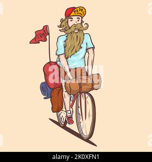 Bart-Hipster-Radfahrer. Bikepacker. vektor-Illustration Stock Vektor