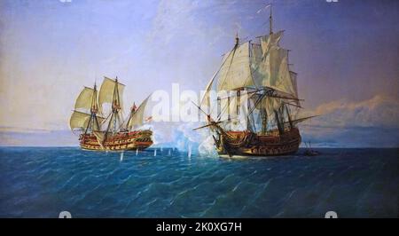 Seekampf zwischen dem spanischen Schiff 'Catalán' und dem britischen Schiff 'Mary' (1888) von Rafael Monleón y Torres (1843-1900) Stockfoto