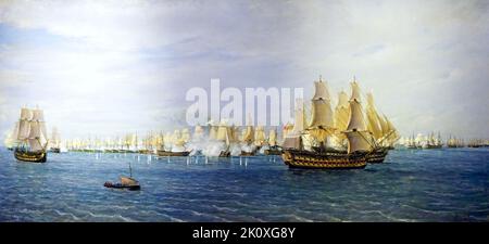 Panoramablick auf die Schlacht von Trafalgar(1805) (Gemälde 1870) von Rafael Monleón y Torres (1843-1900) Stockfoto