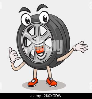 Lächeln Gesicht Reifen Charakter machen Aufruf Symbol Hand. Reifenwerkstatt Kundendienst Konzept. Funky Reifen Maskottchen Symbol Illustration Stock Vektor