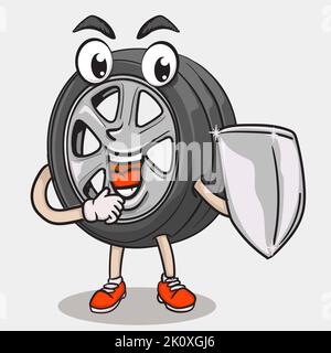 Lächeln Gesicht Reifen Charakter hält Schild für Reifenschutz. Funky Reifen Maskottchen Symbol Illustration Stock Vektor
