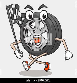 Lächeln Gesicht Reifen Charakter läuft halten Rennflagge. Funky Reifen Maskottchen Symbol Illustration Stock Vektor
