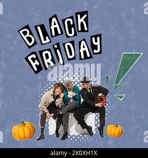 Modernes Design, Plakat zur Förderung des Saisonverkaufs, Black Friday Konzept. Retro-Vintage-Style. Ideen, Inspiration, Geschäftssinnung. Stockfoto